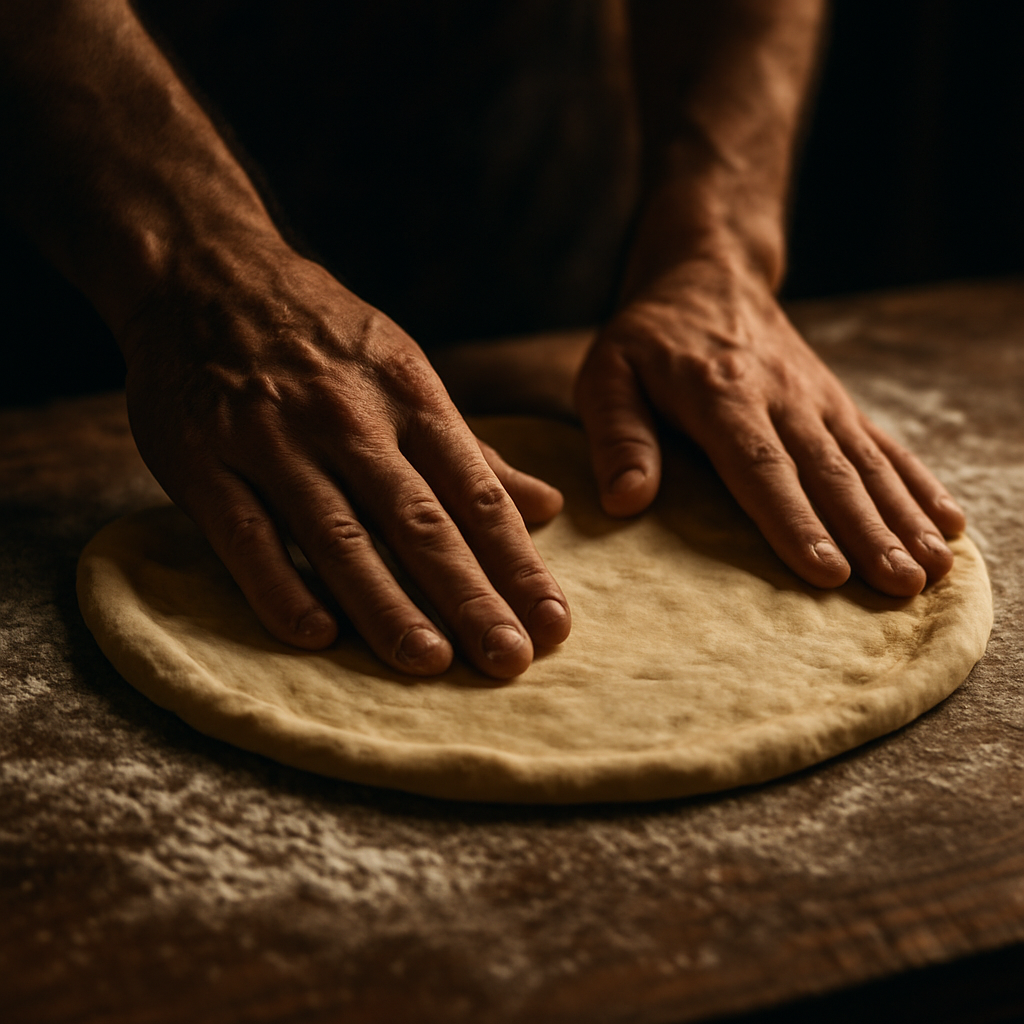 Pizzaiolo wyrabiający świeże ciasto na pizzę
